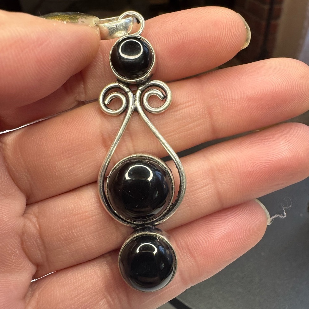 925 Silver Plated Black Onyx Ethnic Pendant Size 2.6"
